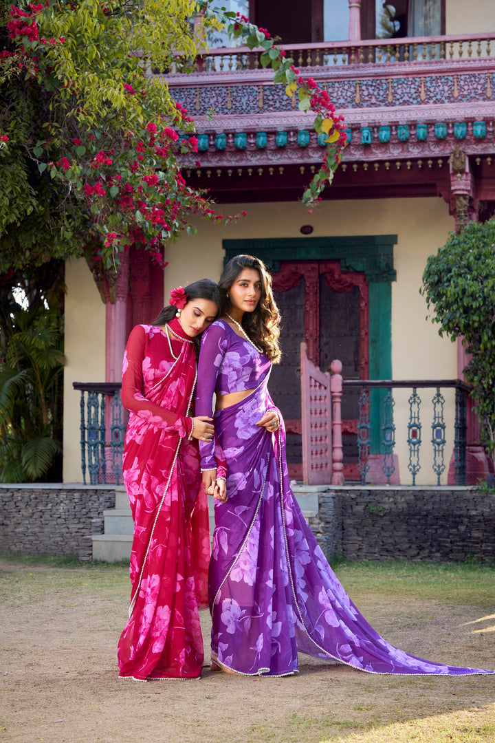 Chiffon Saree (Daily Wear Saree) - Floral Printed Pearl Lace Border