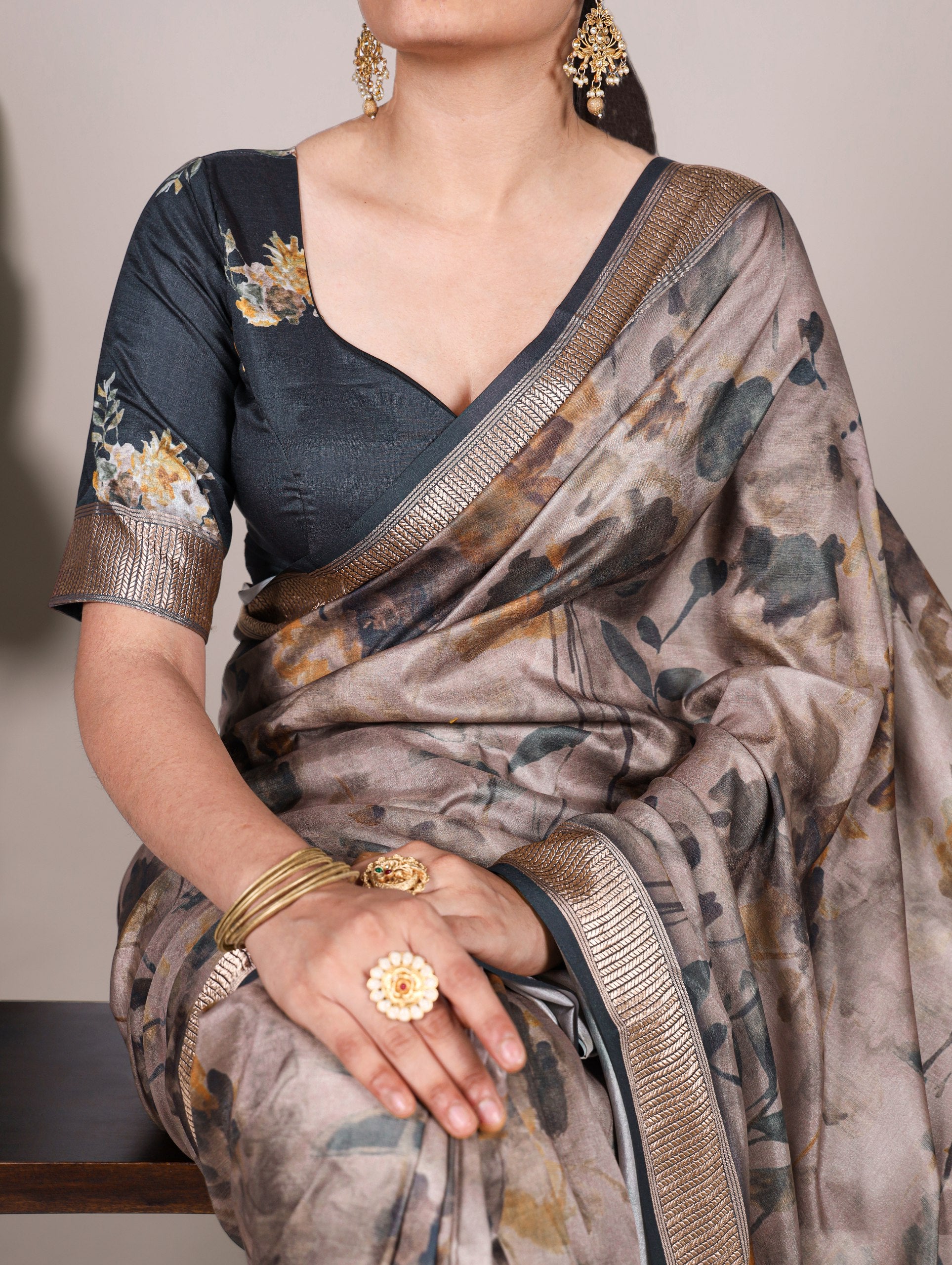 Brown Party Wear Saree - Tasar Silk Saree With Viscose Border